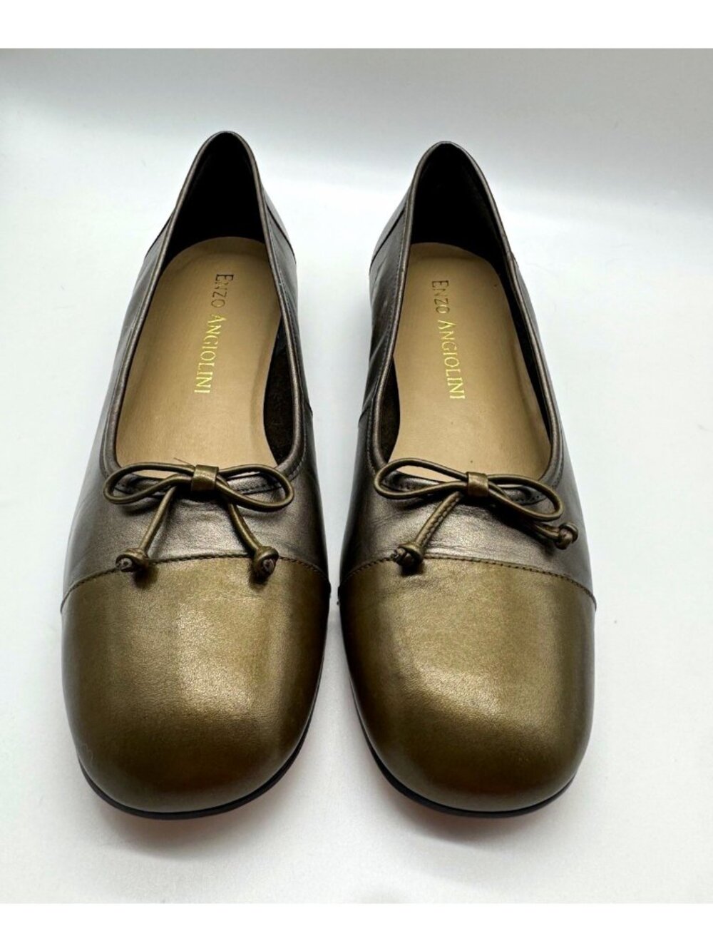 Enzo Angiolini Bronze Leather Ballet Flats Bow Accent Slip On Round Toe US 10